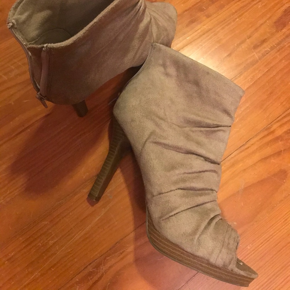 Tan peep toe zippered heeled boots booties